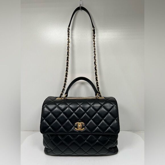 Chanel Large Trendy Top Handle Black Quilted Shoulder Hand Bag Gold Hardware - Picture 1 of 16